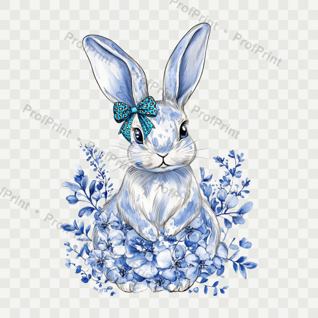 Blue Floral Bunny DTF Transfer