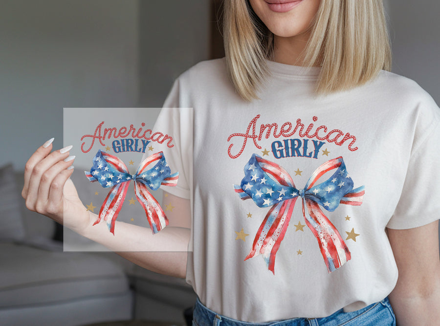 Printed white T-shirt with a red and blue bow design beside its DTF transfer film