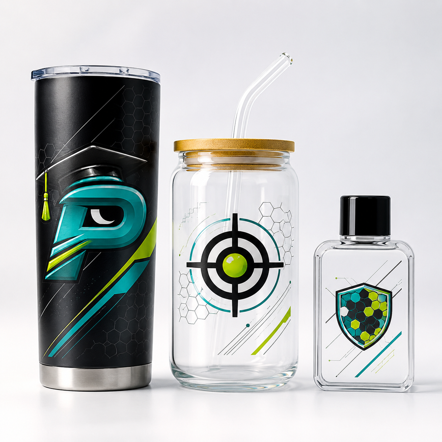 UV DTF graphics applied to a black tumbler, clear glass jar, and small glass bottle