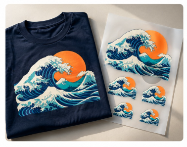 Navy T-shirt and DTF transfer sheet featuring an ocean wave design